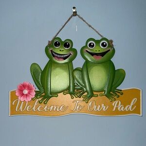 Frog Welcome Sign with Pink Flower